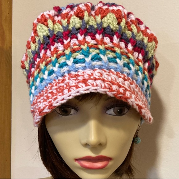 Hand knit, multicolor, BoHo style newsboy, cap/ hippie gypsy style - Picture 2 of 8